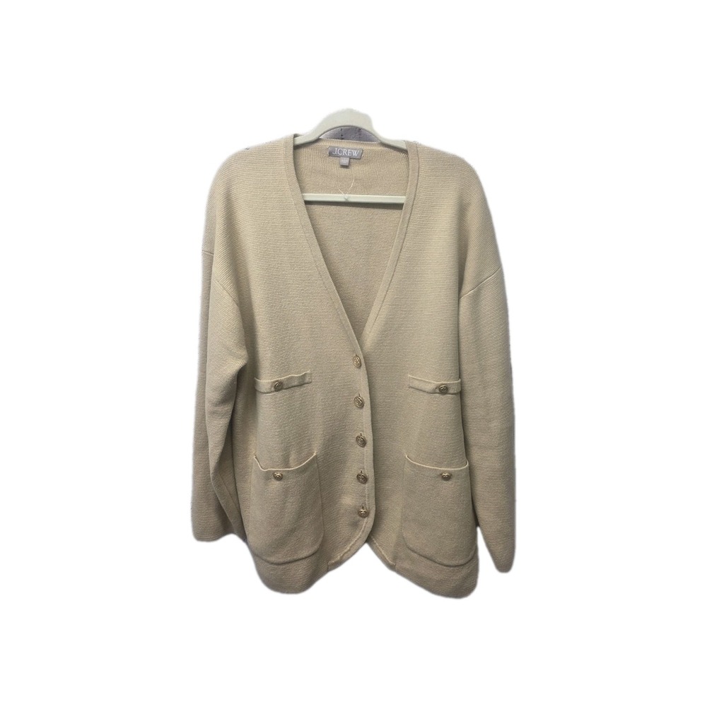 J.CREW V-neck Blazer Sweater Women's Size L Tan Oversized Golden Buttons Pockets - Picture 3 of 12